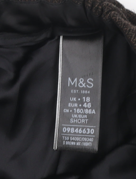 M&S Women’s Brown Herringbone Wool Blend Straight Dress Trousers UK 18 Short