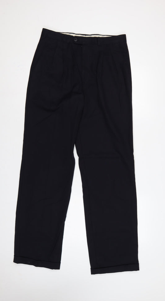 Jaeger Men’s Black 48L Pure Wool Straight Dress Trousers