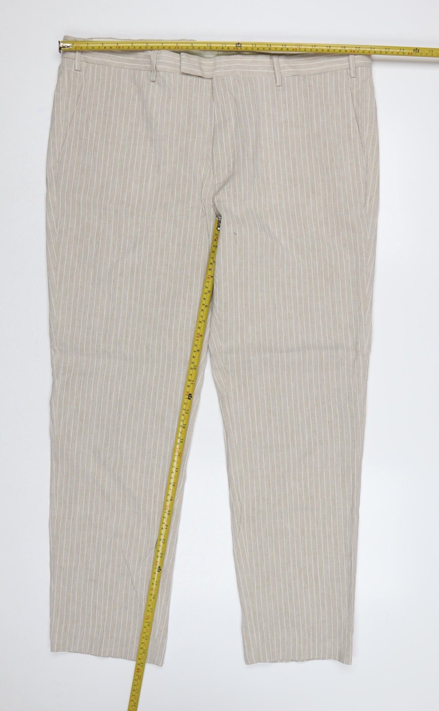 Marks & Spencer Men's Beige 42in Linen Stripe Tailored Dress Trousers