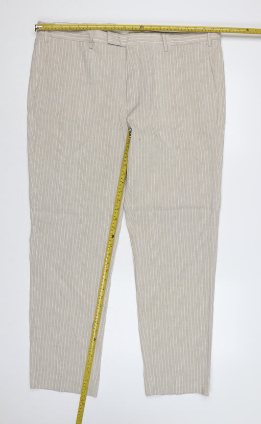 Marks & Spencer Men's Beige 42in Linen Stripe Tailored Dress Trousers