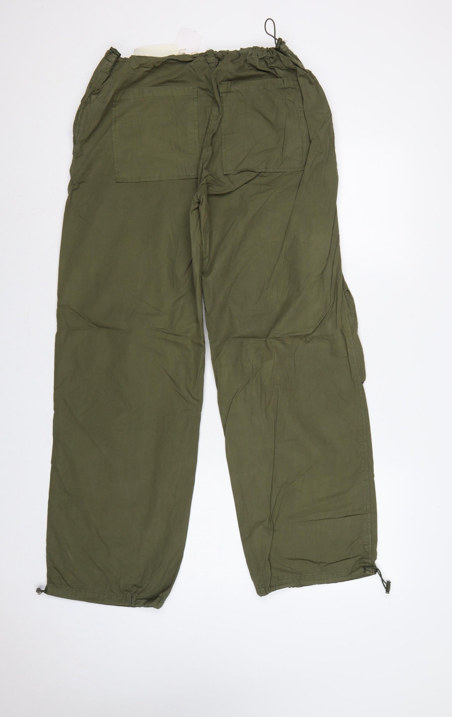 Stradivarius Women Green M Cotton Cargo Wide-Leg Drawstring Trousers