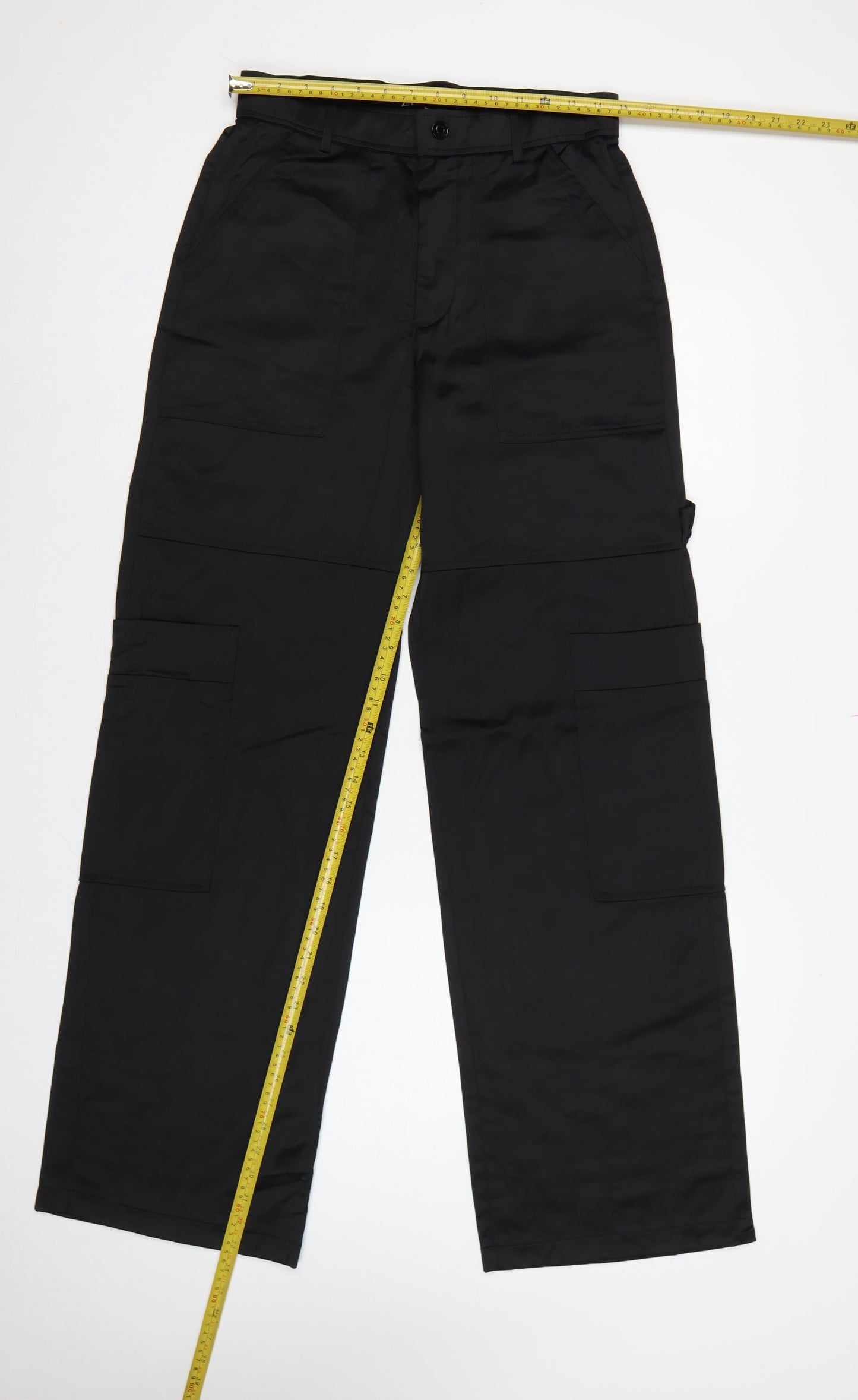 Zara Women Black M Cargo Straight Leg High Rise Trousers Pockets
