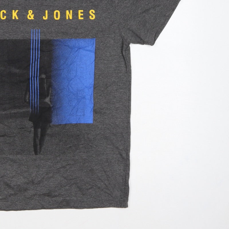 Additional view of Jack & Jones Men’s Grey Logo Graphic Print Crew Neck T-Shirt L