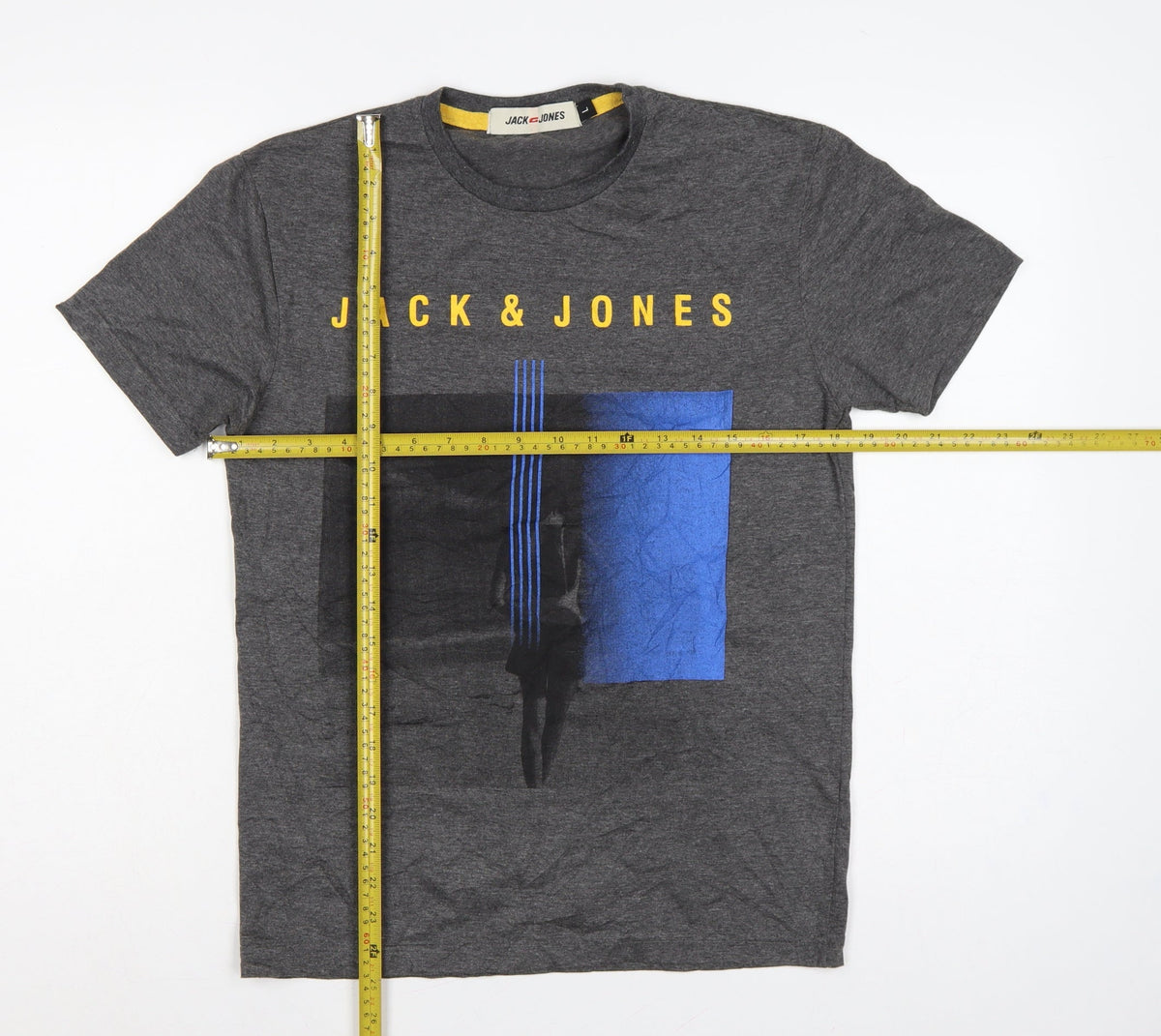 Close-up detail of Jack & Jones Men’s Grey Logo Graphic Print Crew Neck T-Shirt L