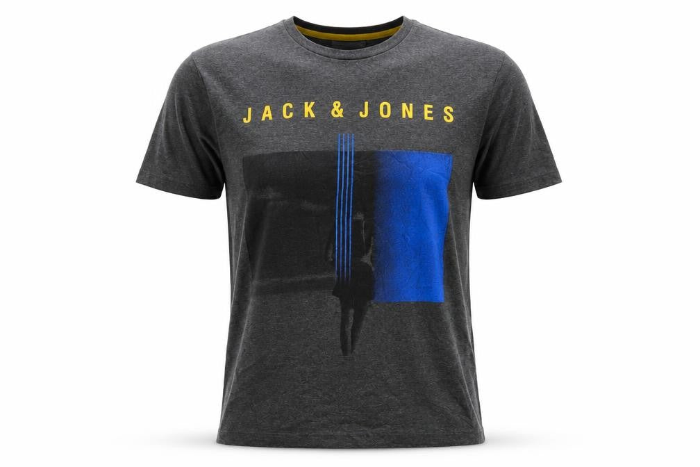 Front view of Jack & Jones Men’s Grey Logo Graphic Print Crew Neck T-Shirt L