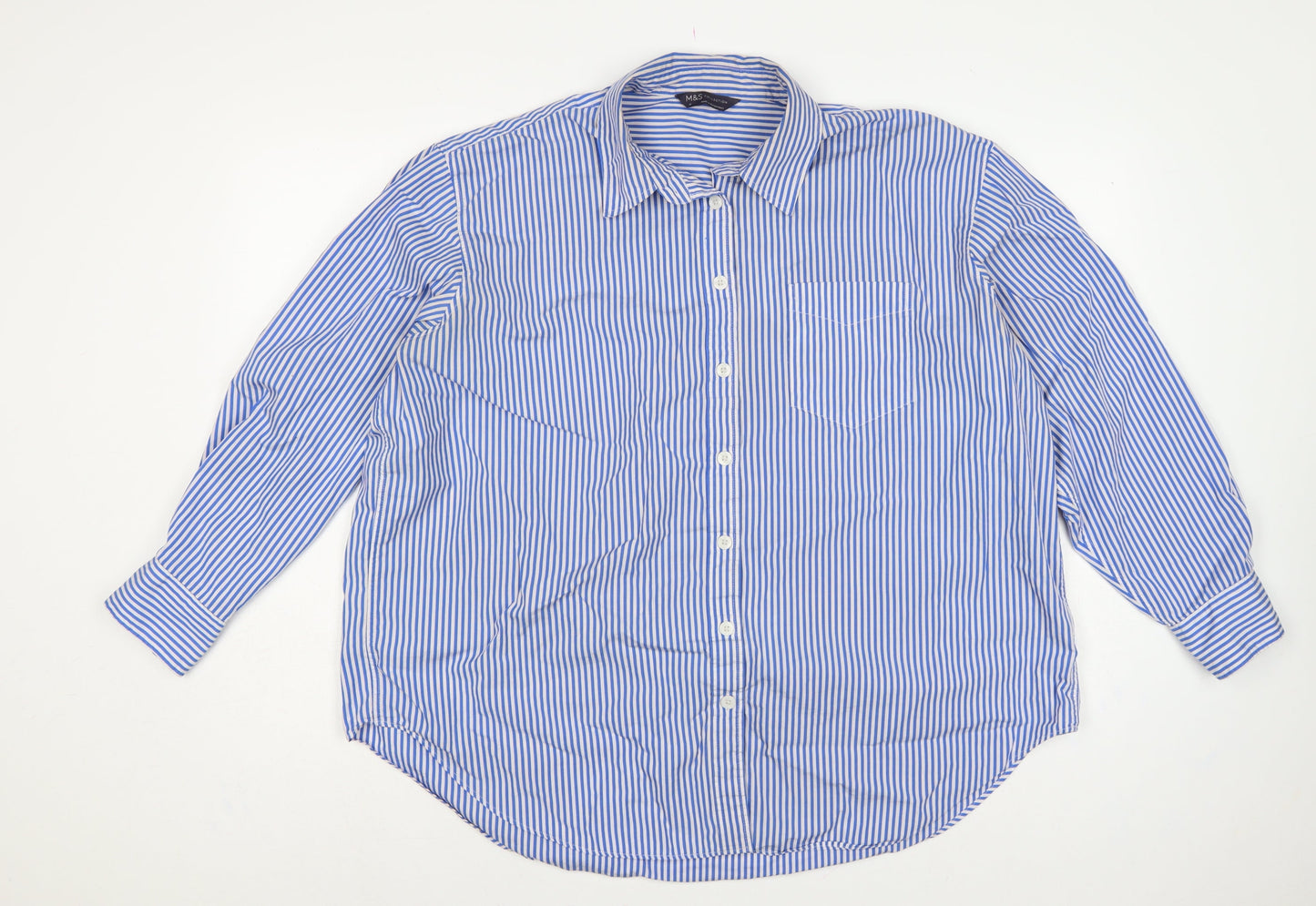 Marks & Spencer Women Blue White Stripe UK 18 Cotton Button-Up Shirt