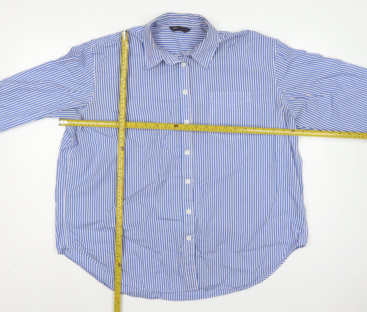 Marks & Spencer Women Blue White Stripe UK 18 Cotton Button-Up Shirt