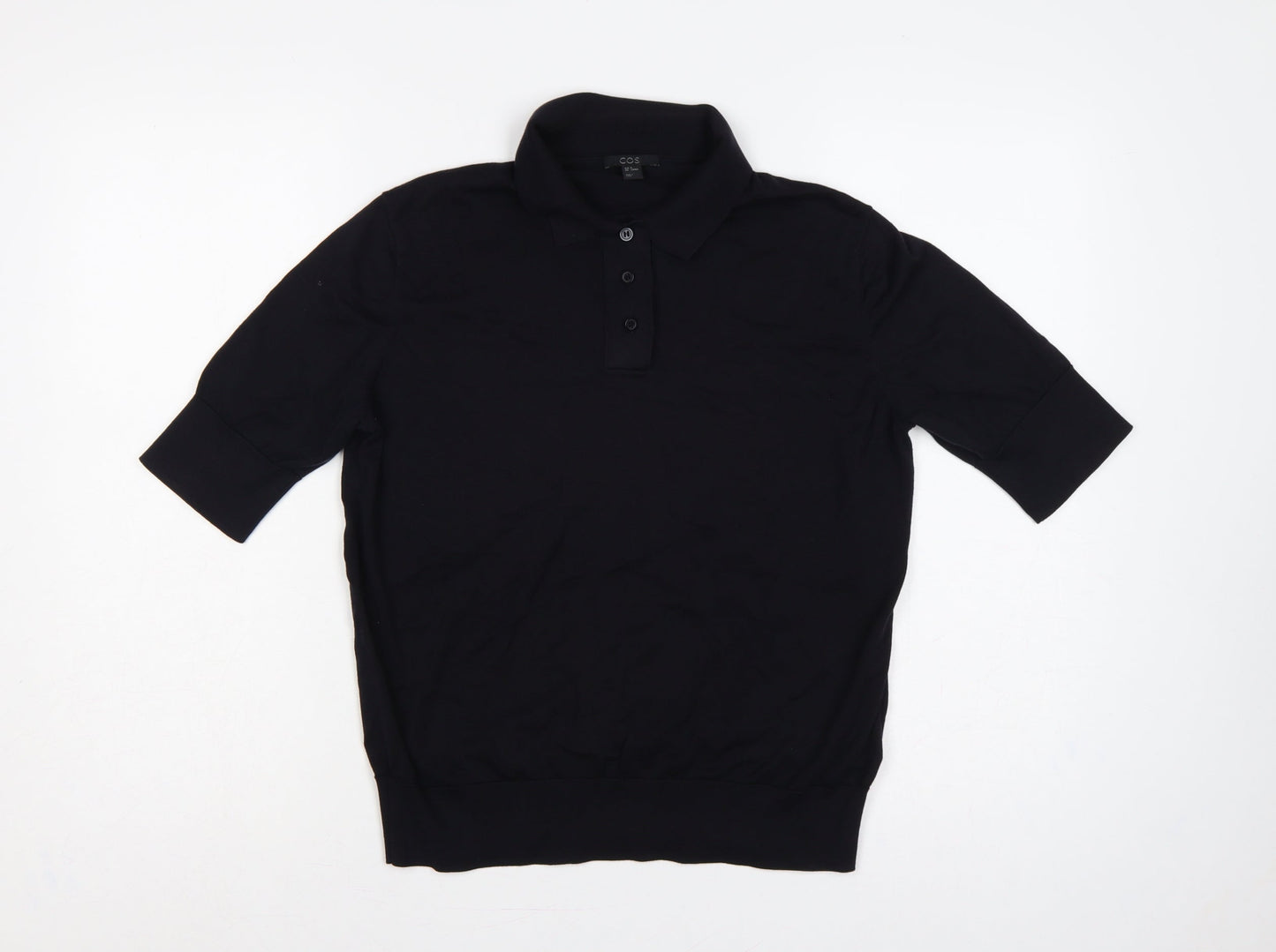 COS Women Black M Silk Cotton Collared Short Sleeve Henley Jumper