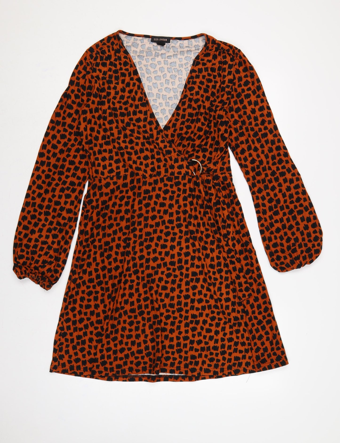 QED London Women Orange Animal Print Wrap Dress UK 14 Long Sleeve