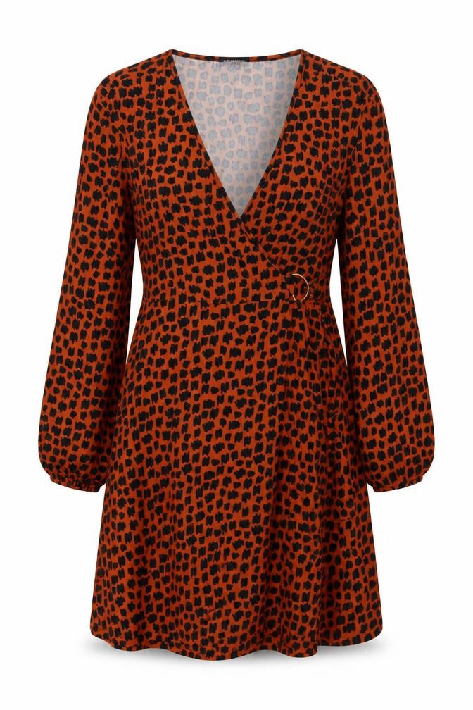 QED London Women Orange Animal Print Wrap Dress UK 14 Long Sleeve