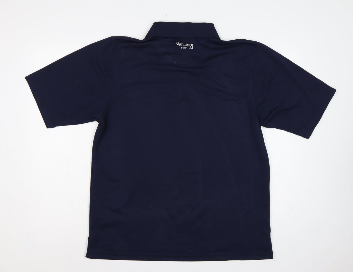 Brand and care label for Signature Golf 18 Men's Blue M Short Sleeve Embroidered Logo Polo Shirt