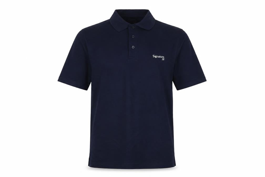 Front view of Signature Golf 18 Men's Blue M Short Sleeve Embroidered Logo Polo Shirt