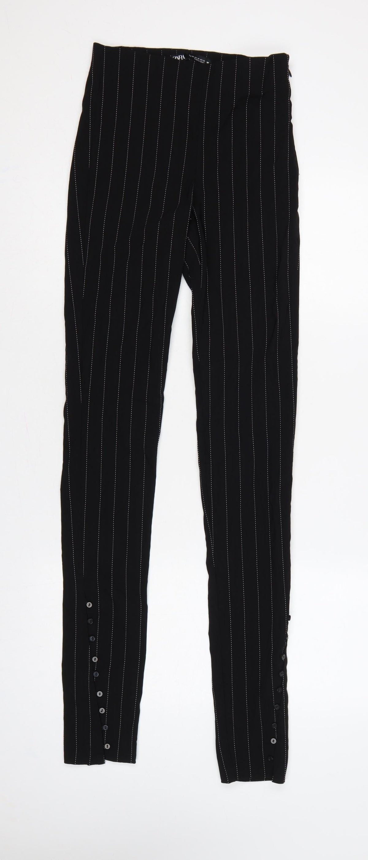 Zara Women Black XS Pinstripe High Waist Button Hem Leggings