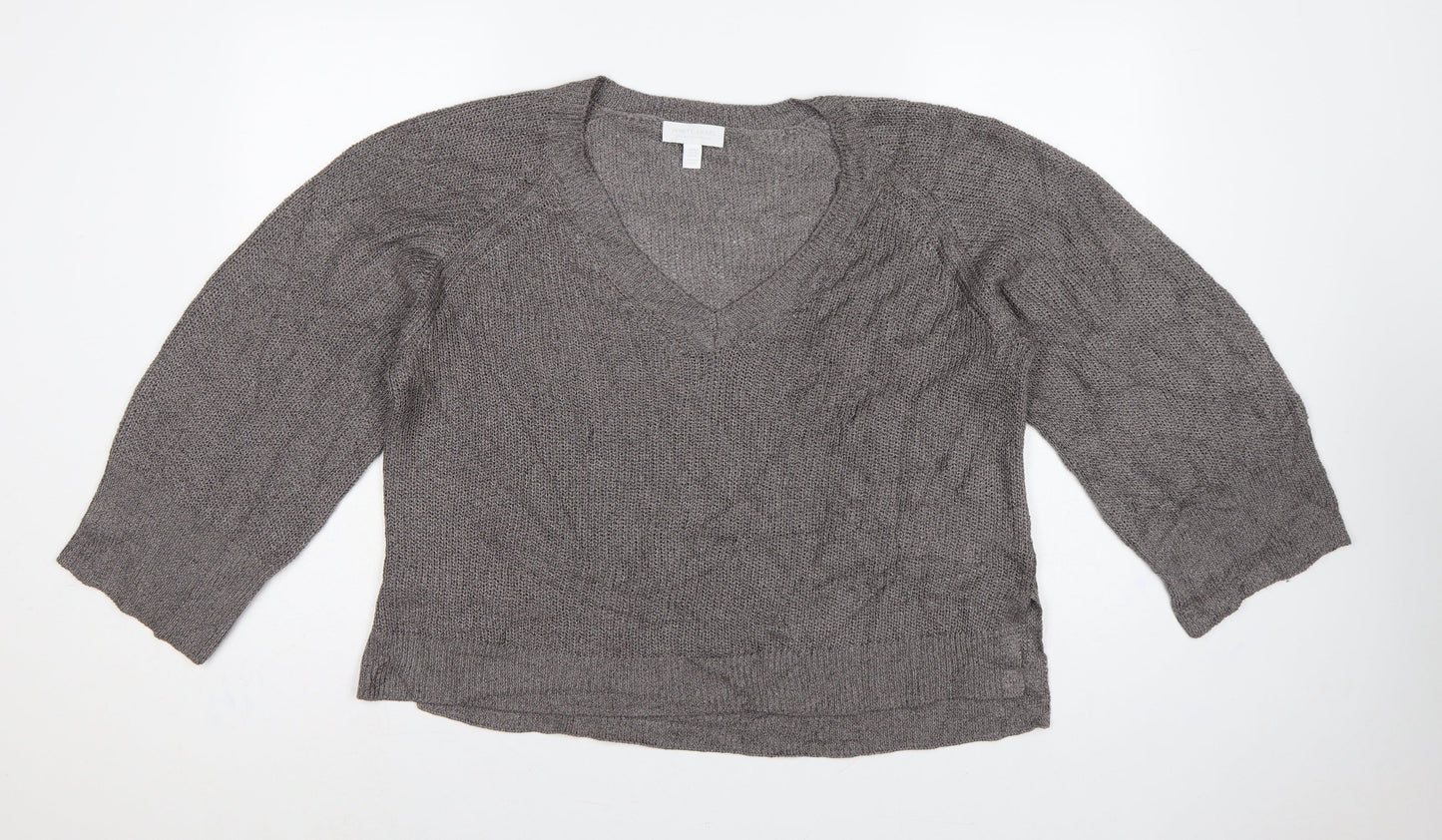 White Label The White Company Women Grey XL V-Neck Linen Knit Jumper