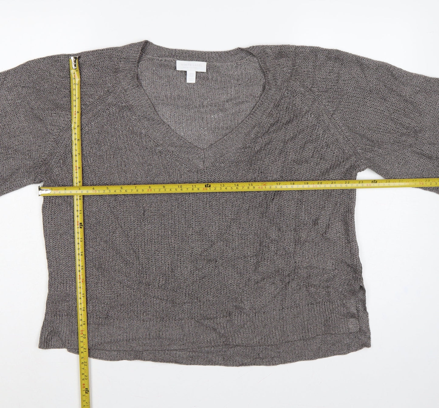 White Label The White Company Women Grey XL V-Neck Linen Knit Jumper