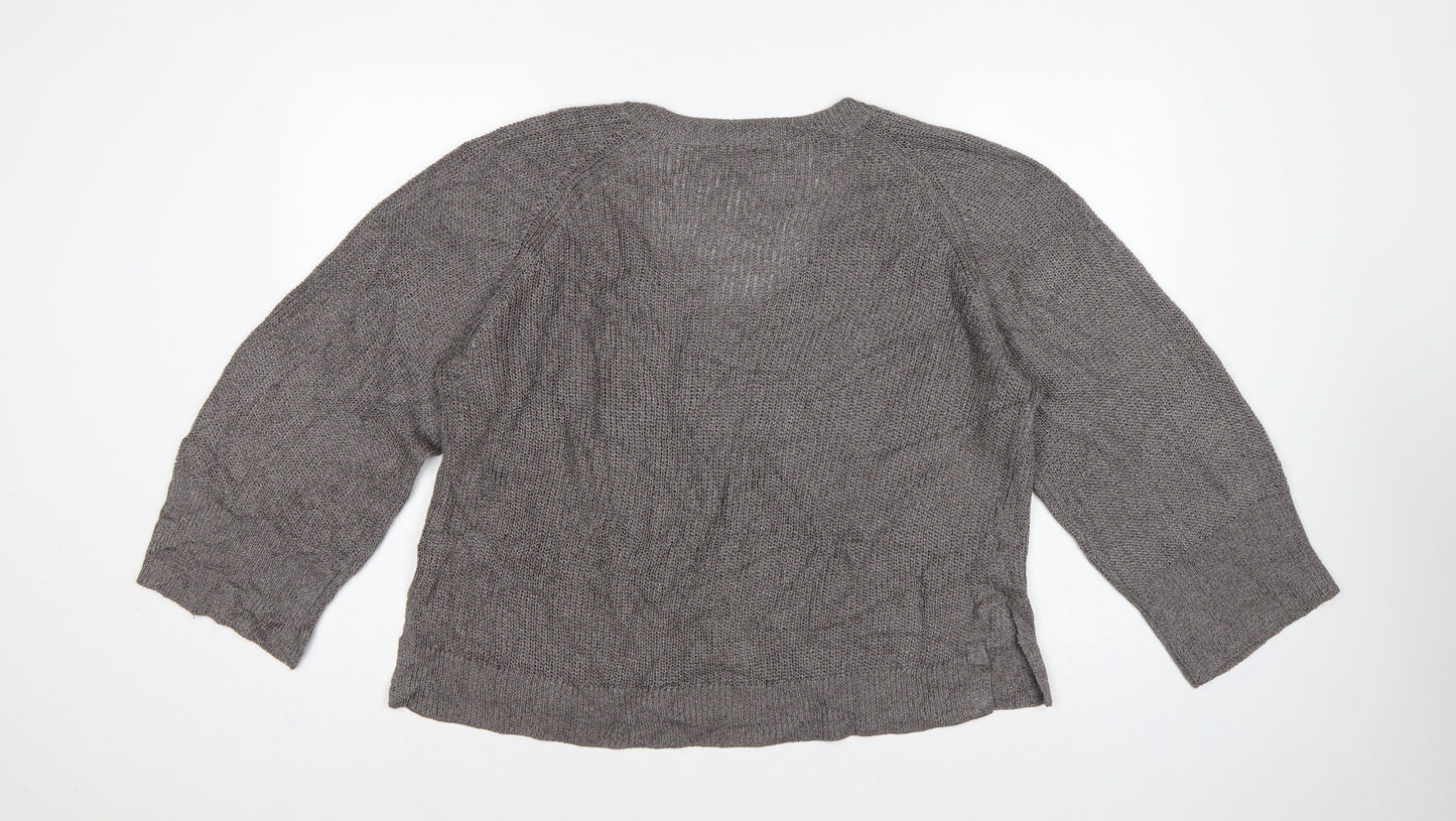 White Label The White Company Women Grey XL V-Neck Linen Knit Jumper