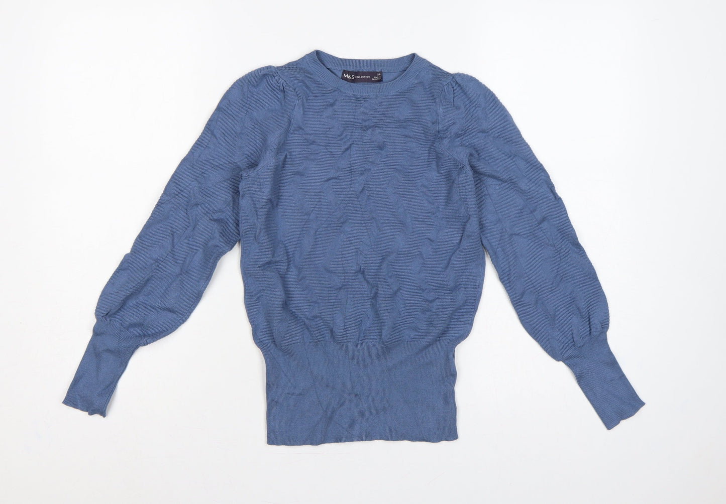 Marks & Spencer Women Blue XS Textured Knit Puff Sleeve Jumper