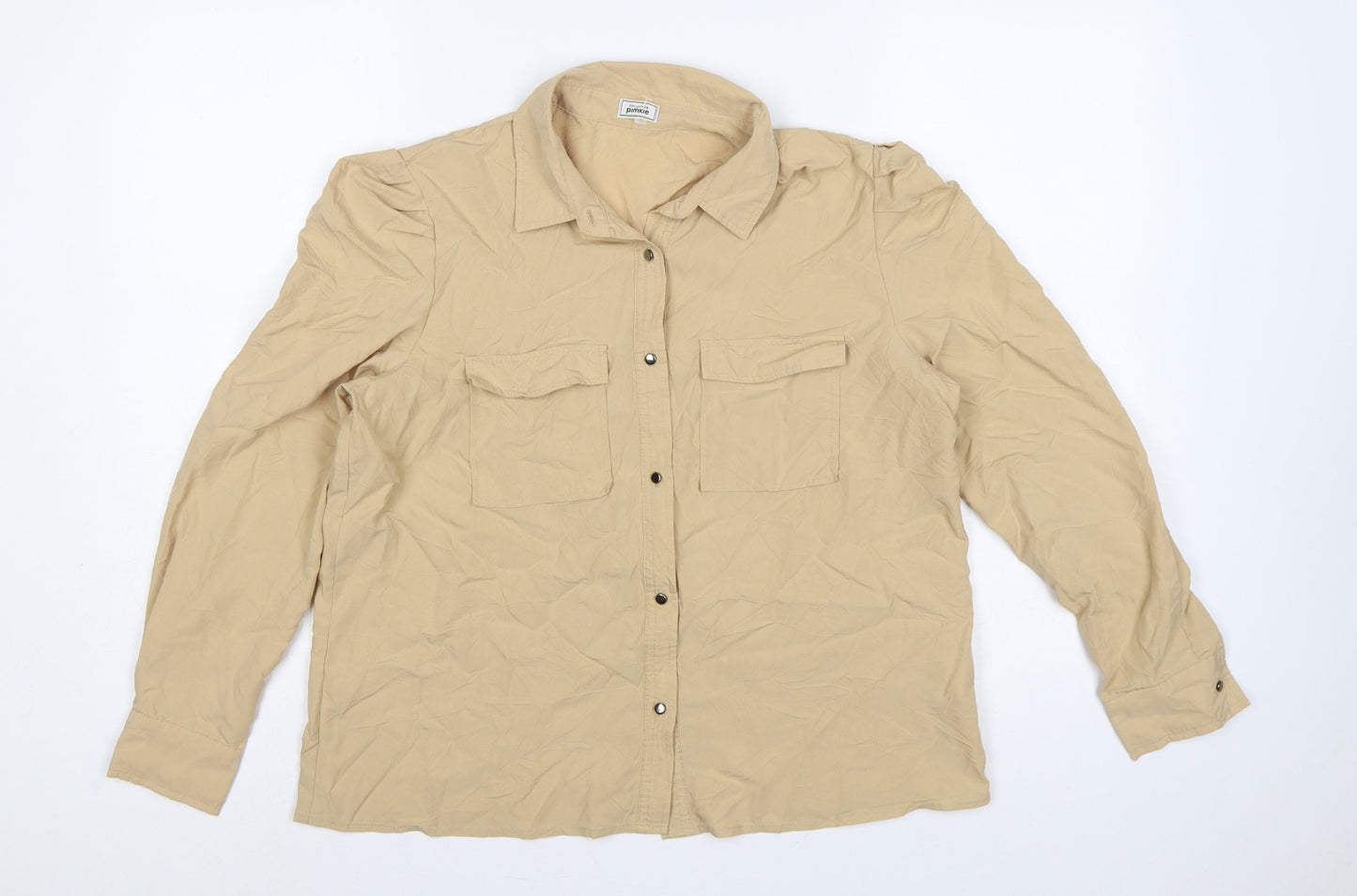 Pimkie Women Beige UK 10 Basic Long Sleeve Pocket Button-Up Shirt