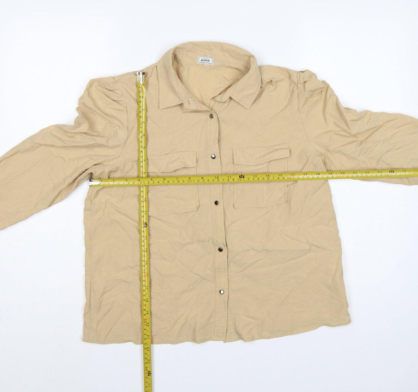 Pimkie Women Beige UK 10 Basic Long Sleeve Pocket Button-Up Shirt