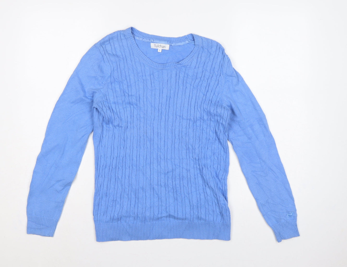 Tulchan Women’s Blue S Cable Knit Cotton Round Neck Jumper