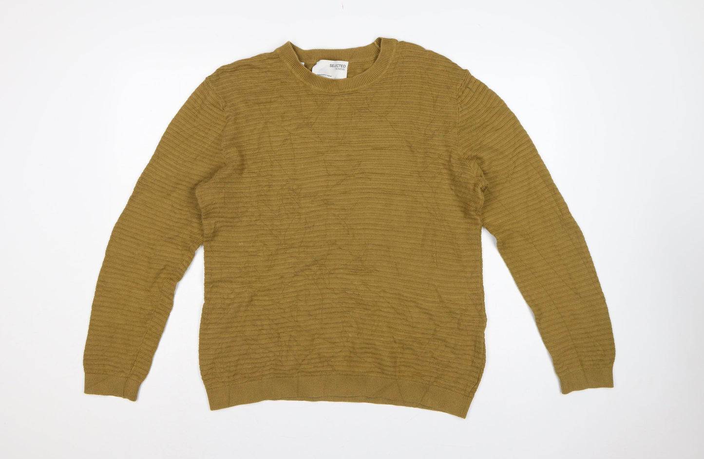 Selected Homme Men's Brown L Cotton Textured Knit Crew Neck Pullover