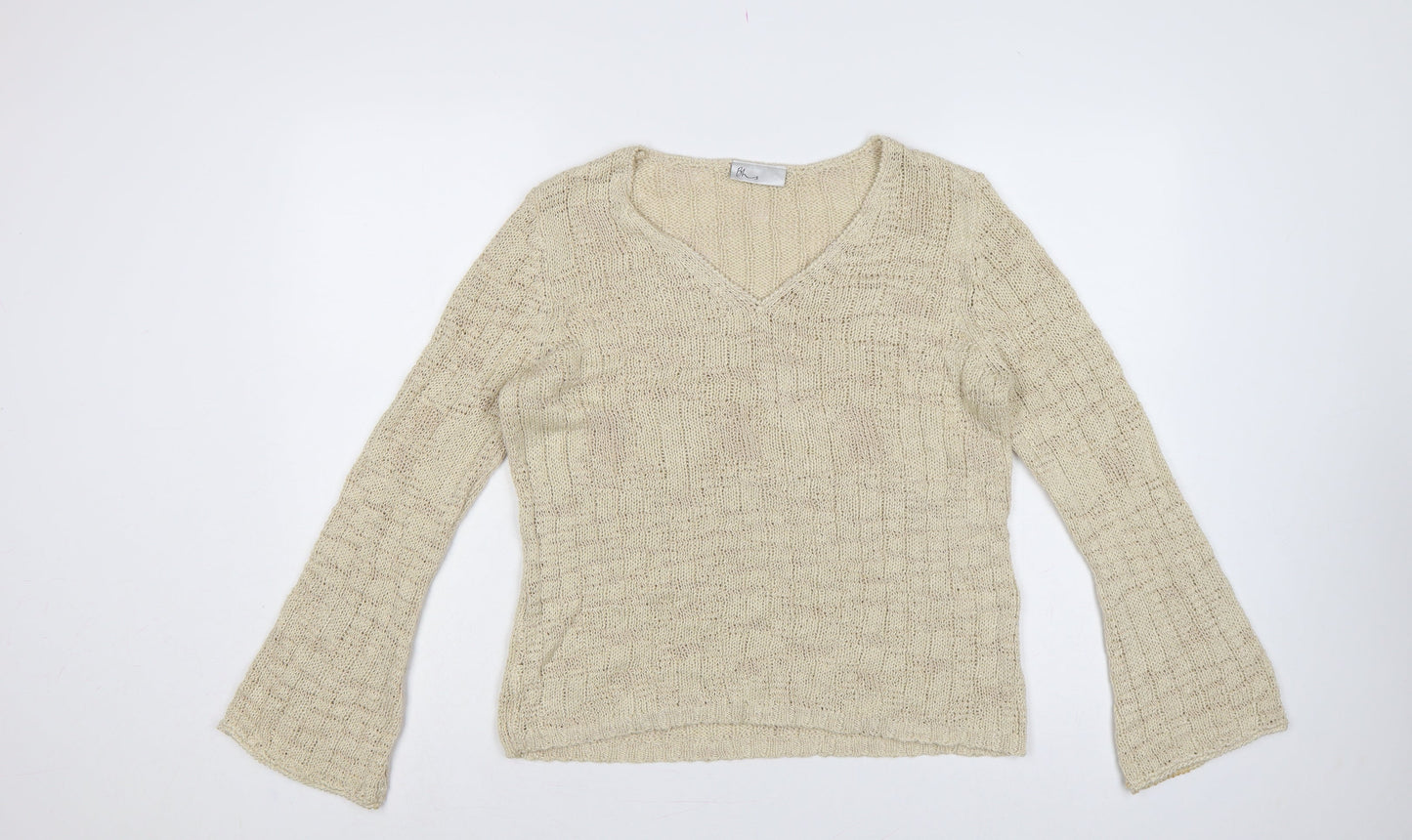 Bhs Women Beige Size 16 V-Neck Open Knit Bell Sleeve Jumper