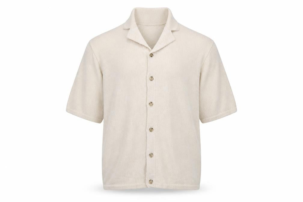 Front view of ASOS Design Men Beige L Short Sleeve Button Cardigan Cotton Knit