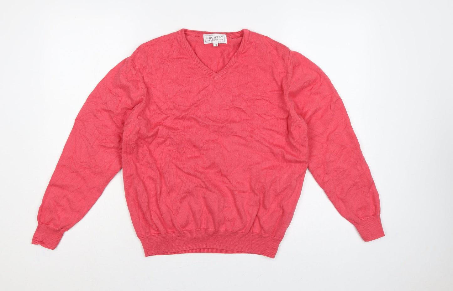 Country Collection Women Pink Size 14 V-Neck Cotton Knit Jumper