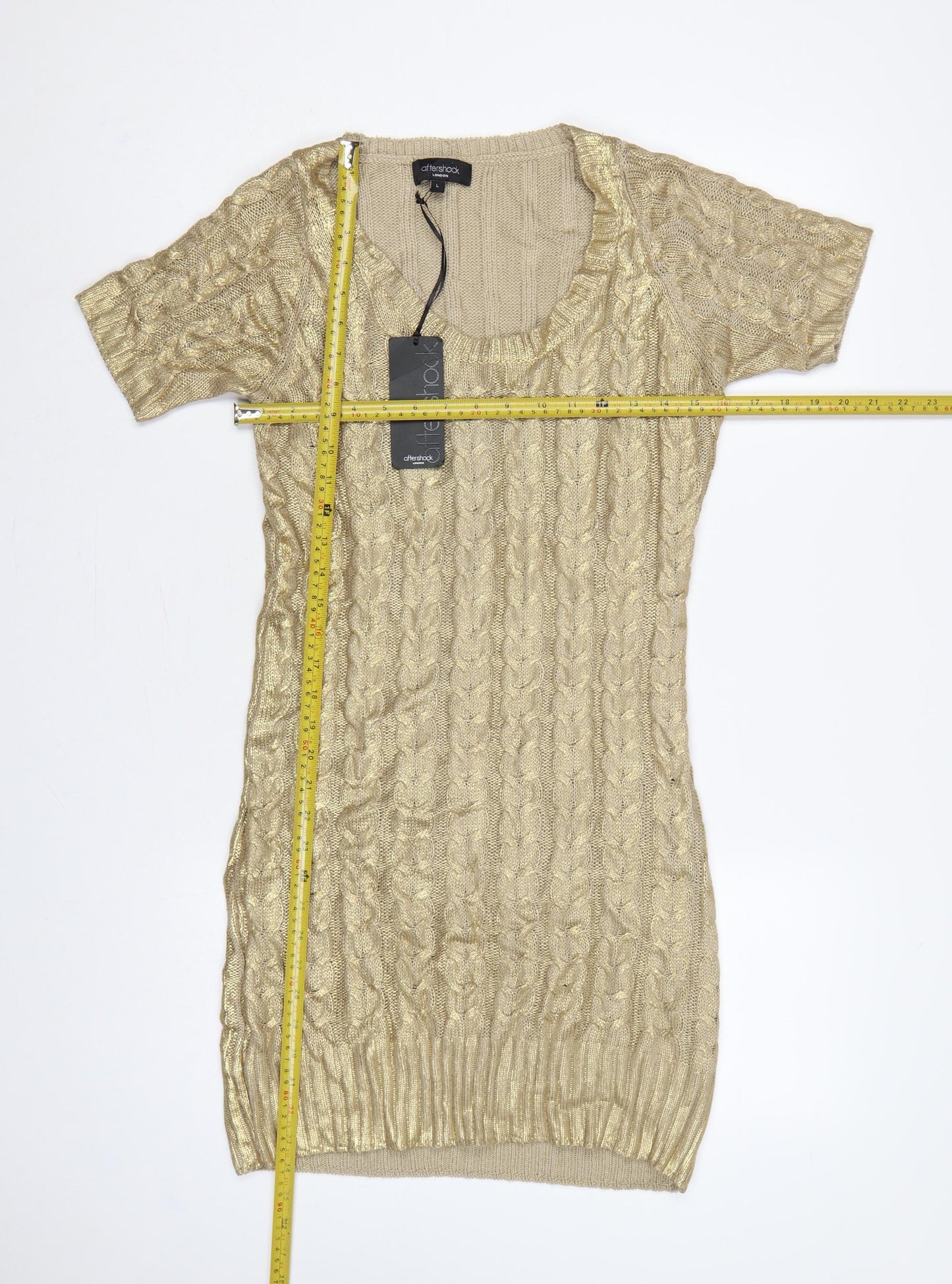Aftershock London Women Gold L Cable Knit Jumper Dress Short Sleeve
