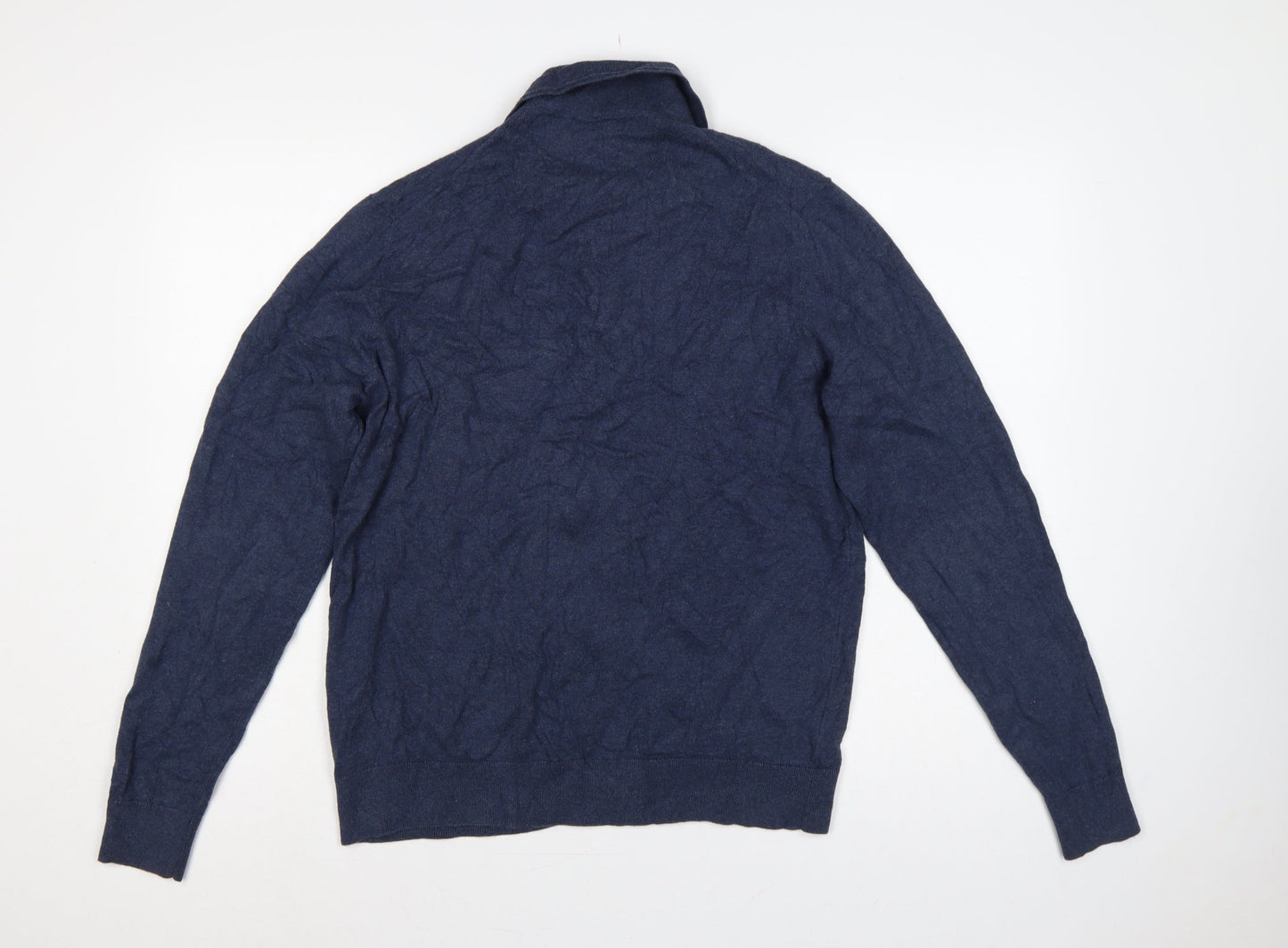 Marks and Spencer Men Blue M Cotton Rich Collared Henley Jumper