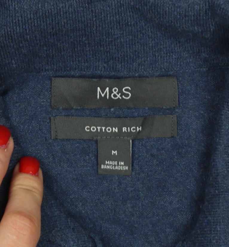 Marks and Spencer Men Blue M Cotton Rich Collared Henley Jumper