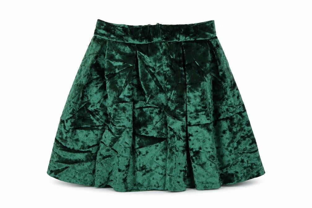 Front view of ASOS Women Green Velvet Pleated Skater Mini Skirt UK 6