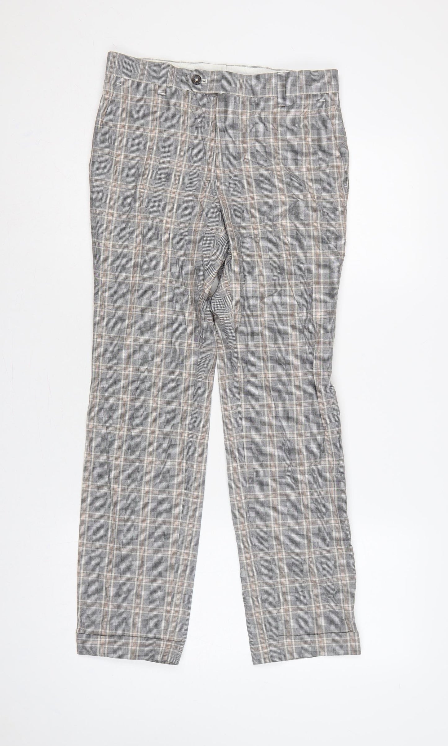 Next Men's Grey Check Trousers 28in Waist 29in Leg Smart Straight