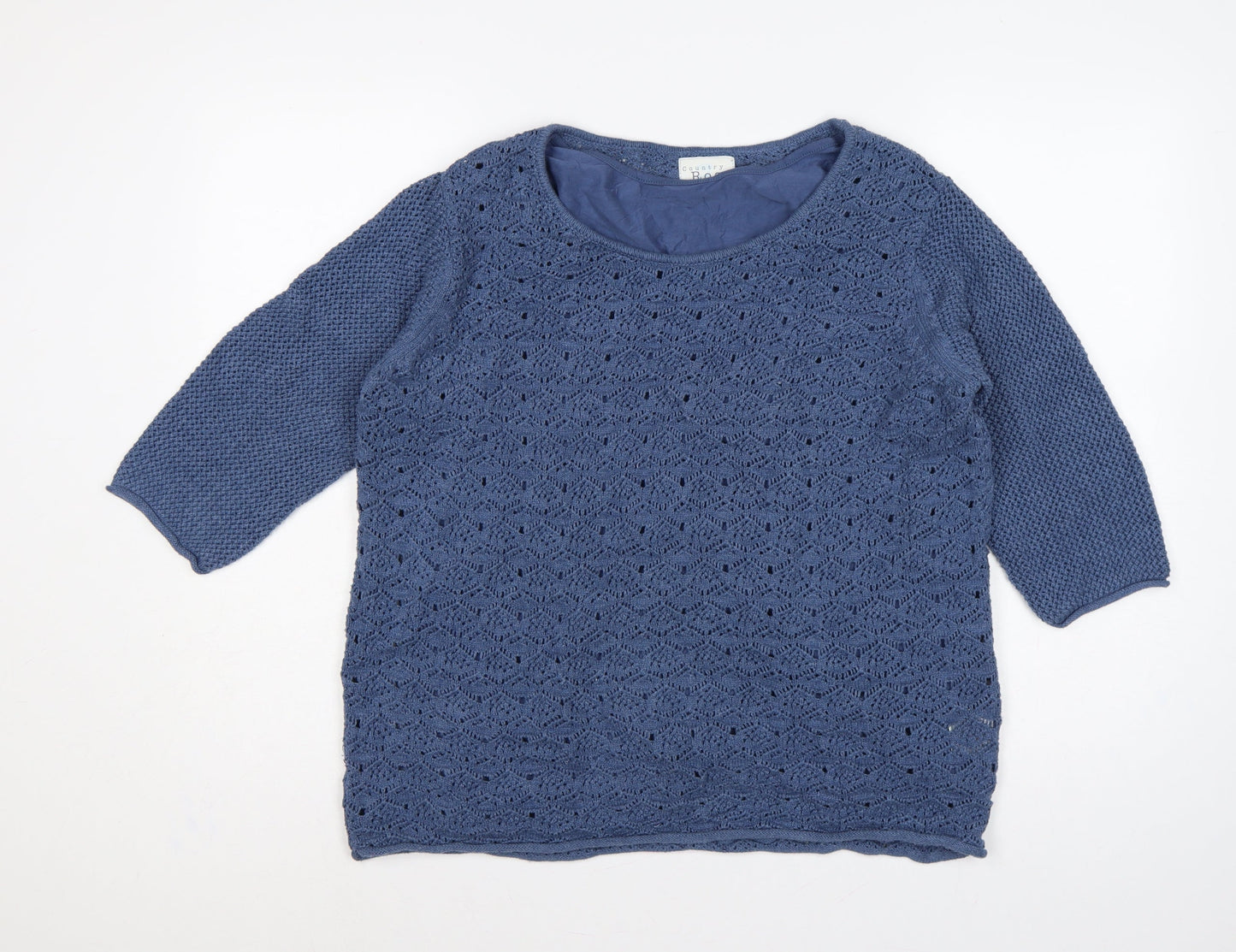 Country Rose Women Blue L Open Knit 3/4 Sleeve Pullover Jumper