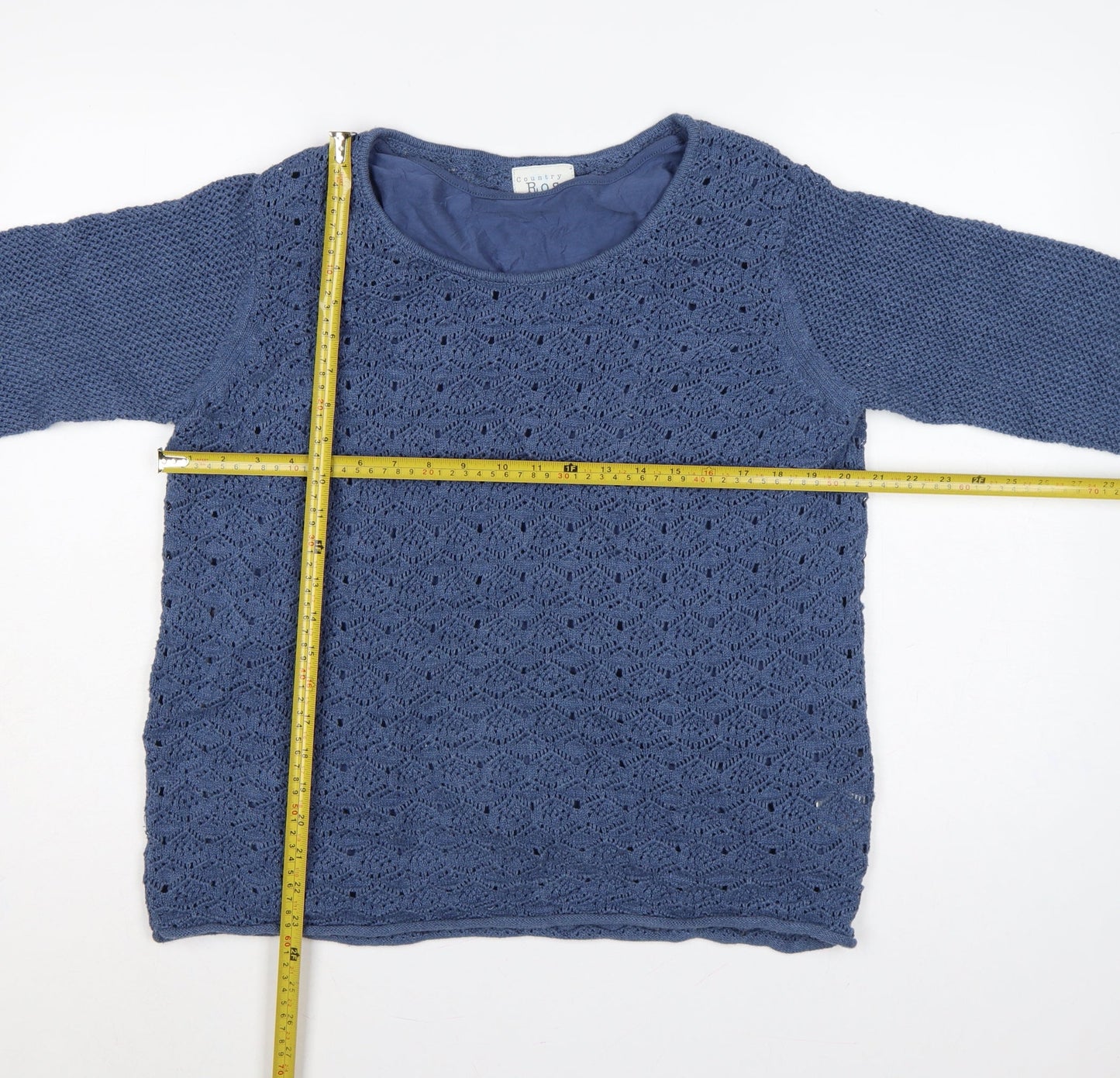 Country Rose Women Blue L Open Knit 3/4 Sleeve Pullover Jumper