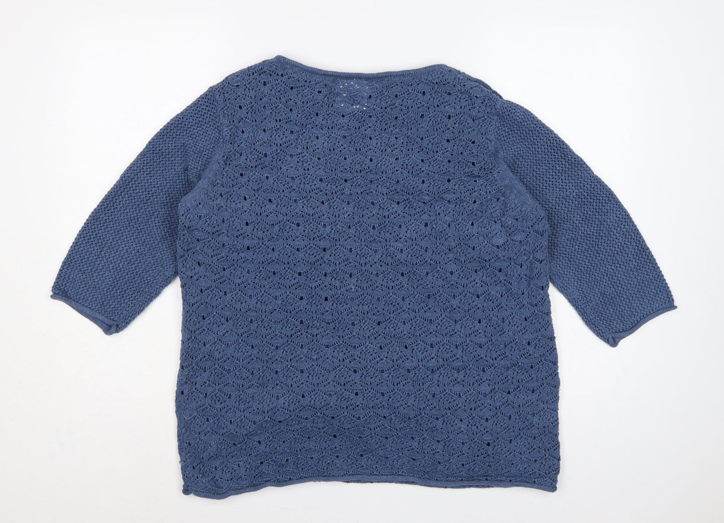 Country Rose Women Blue L Open Knit 3/4 Sleeve Pullover Jumper
