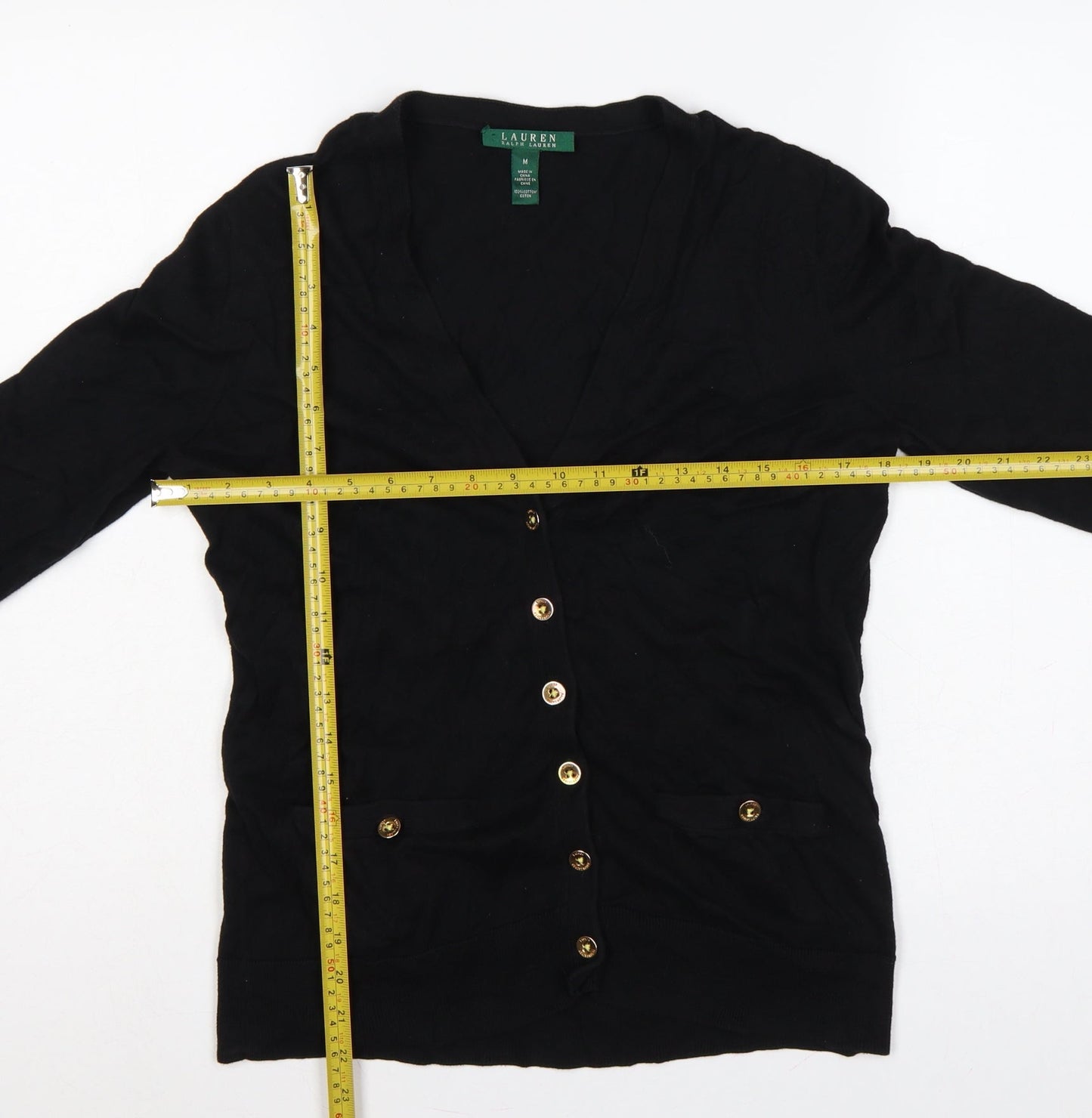 Lauren Ralph Lauren Women Black M V-Neck Cotton Button Cardigan
