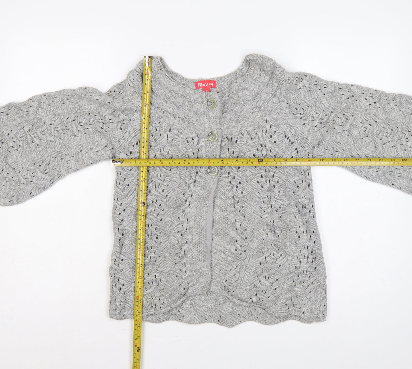 Monsoon Women Grey S Cable Knit Button Cardigan 3/4 Bell Sleeve