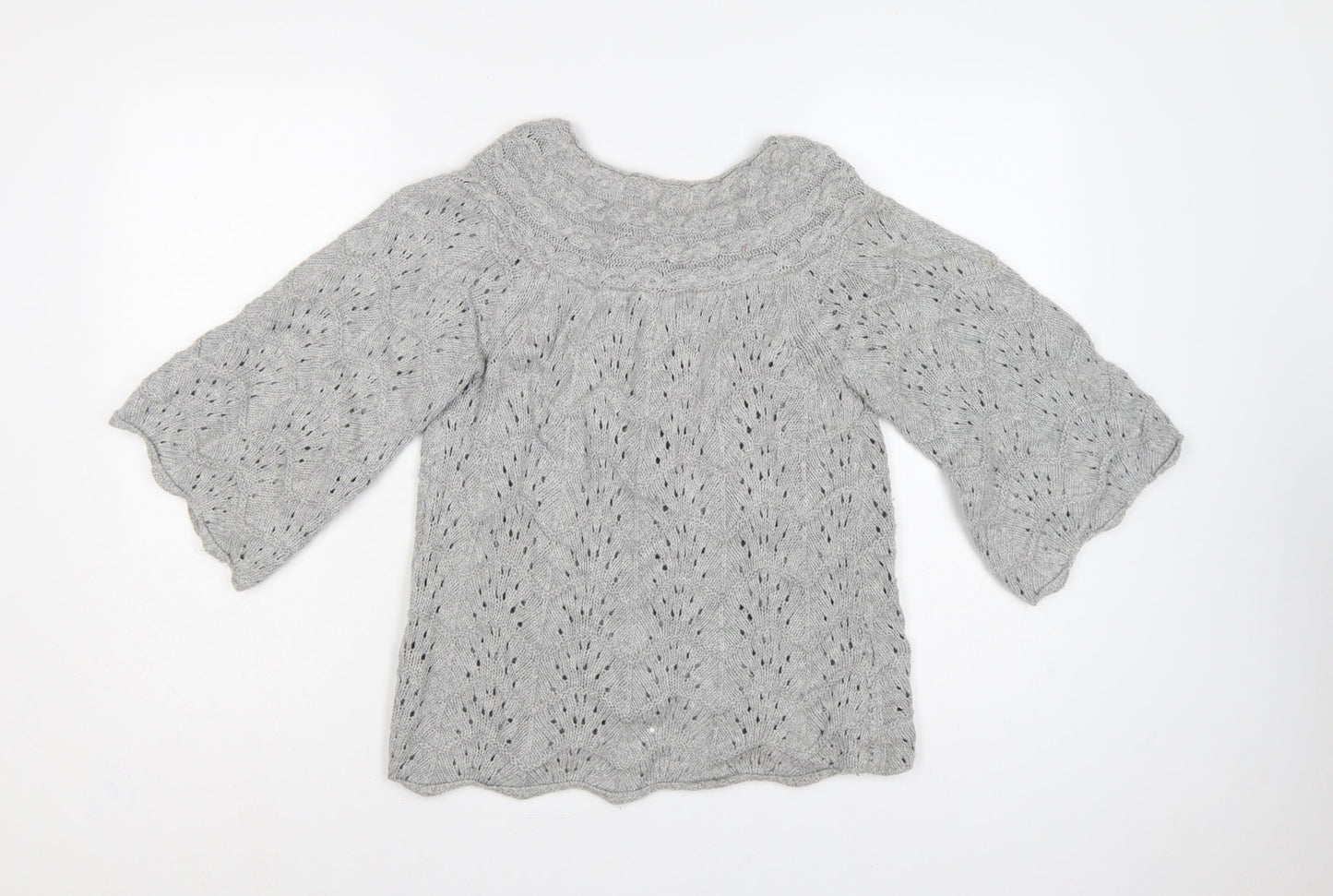 Monsoon Women Grey S Cable Knit Button Cardigan 3/4 Bell Sleeve