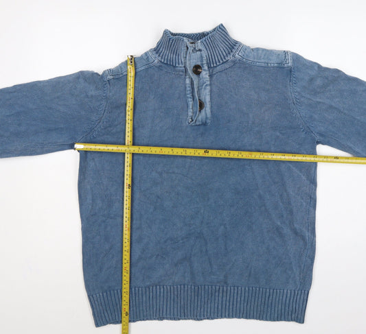 Fat Face Men Blue L Henley Knit Jumper High Neck Button Denim Trim