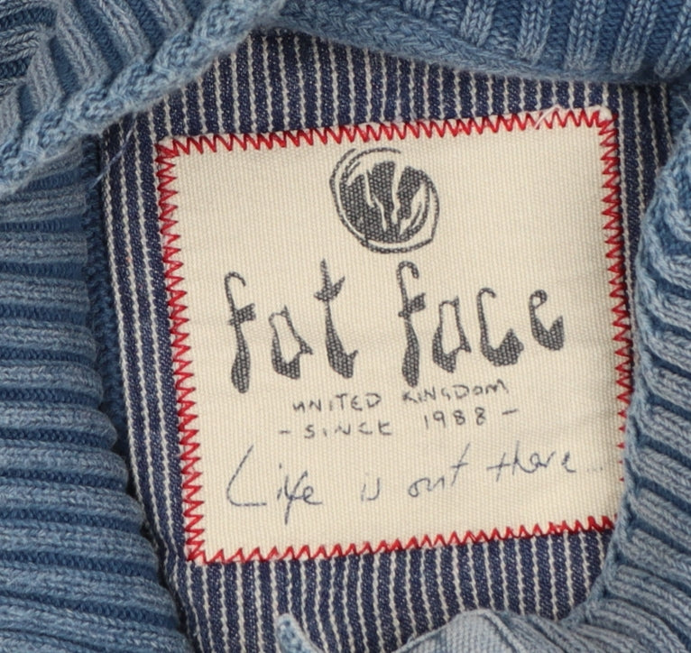 Fat Face Men Blue L Henley Knit Jumper High Neck Button Denim Trim