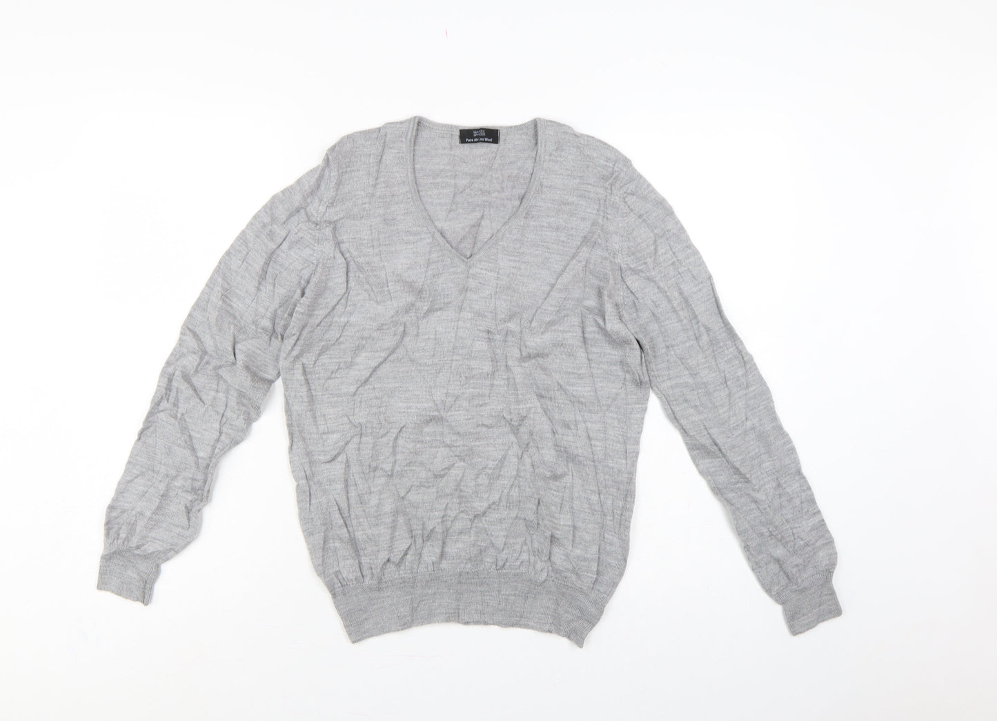 Marks and Spencer Unisex Grey UK 12 Pure Merino Wool V-Neck Jumper