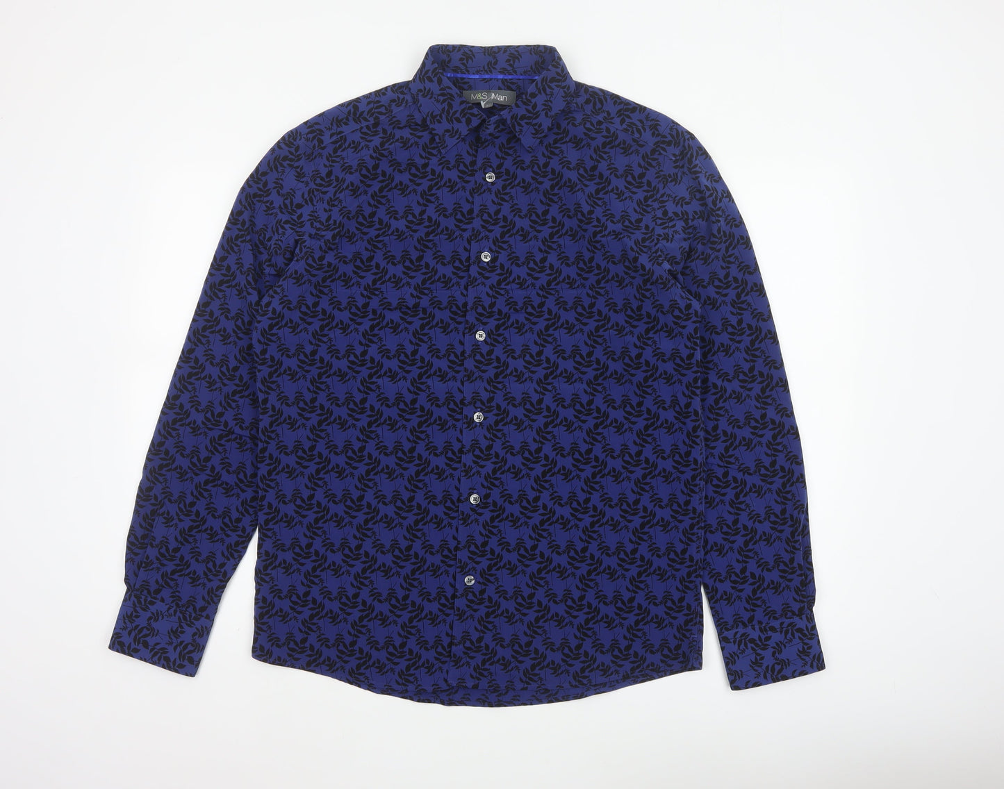 Marks and Spencer Men Blue Floral Button-Up Long Sleeve Shirt Size S