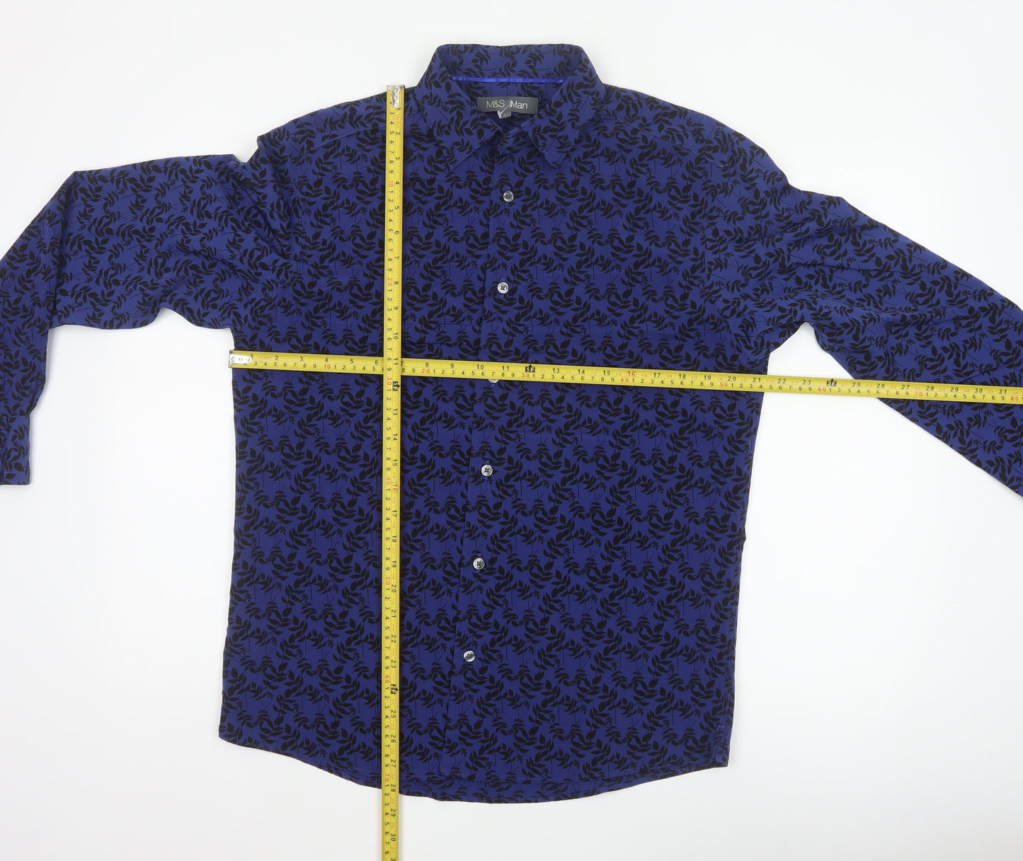 Marks and Spencer Men Blue Floral Button-Up Long Sleeve Shirt Size S