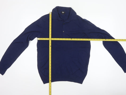 Uniqlo Men's Blue S 100% Wool Collared Henley Knit Jumper
