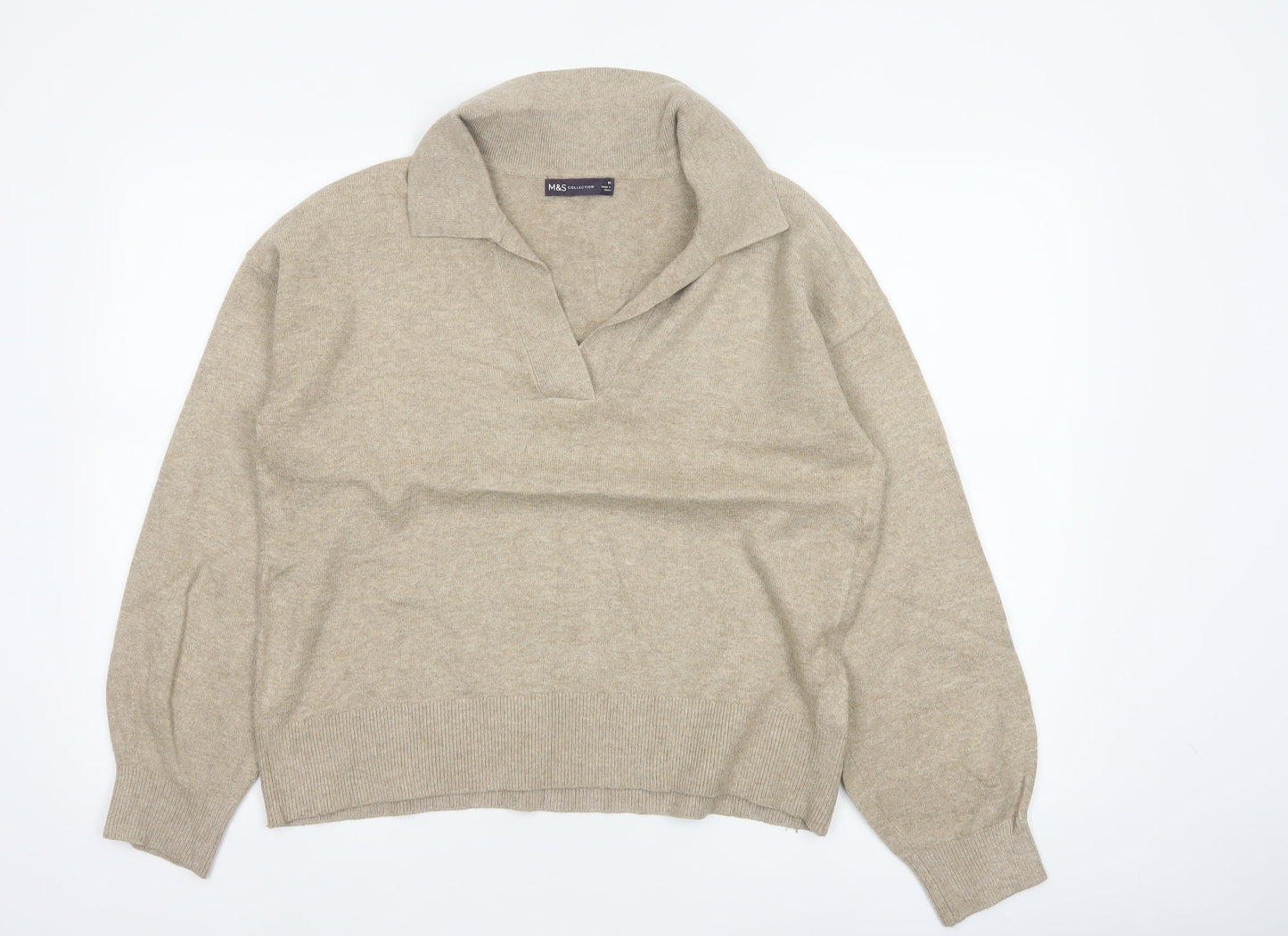 Marks and Spencer Women Beige M Collared Knit Pullover Jumper