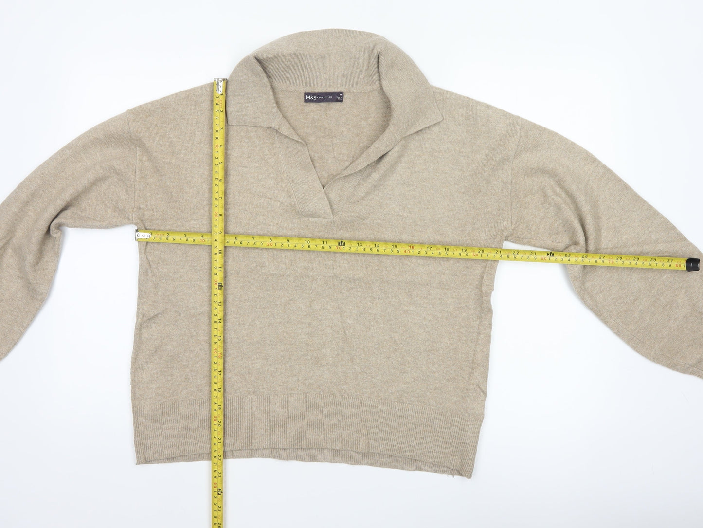 Marks and Spencer Women Beige M Collared Knit Pullover Jumper