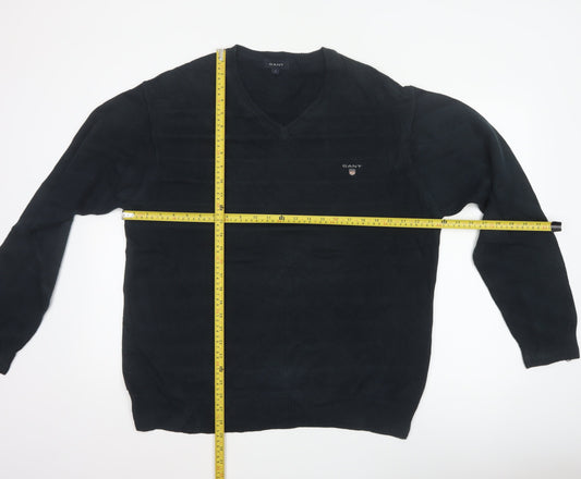 GANT Men’s Black Cotton V-Neck Logo Knit Pullover Jumper Size L