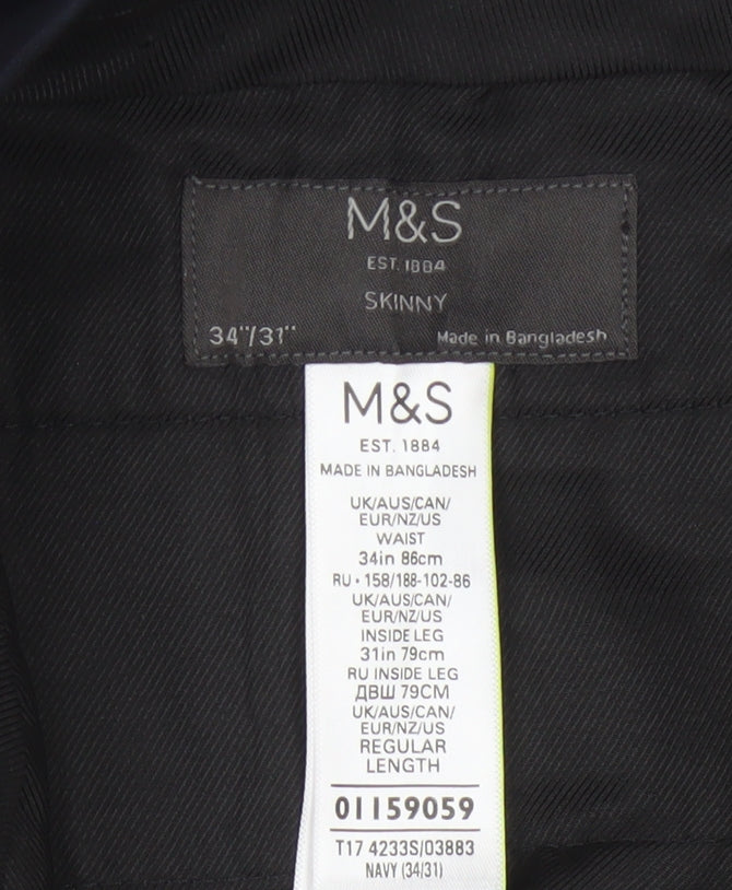 Marks and Spencer Men Navy 34in Skinny Dress Trousers Smart Work 31in