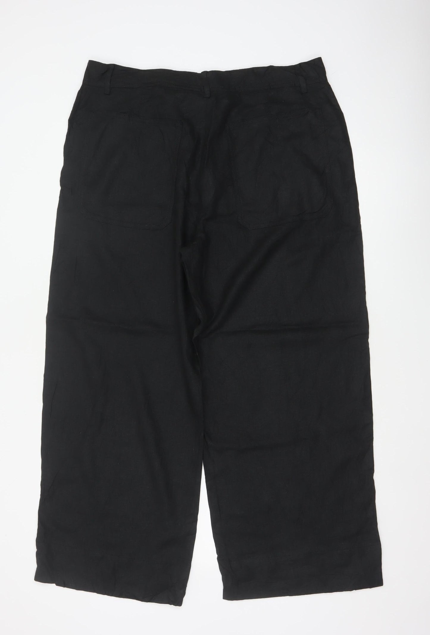 Marks and Spencer Women Black UK 18 Short Linen Wide Leg Cropped Trousers